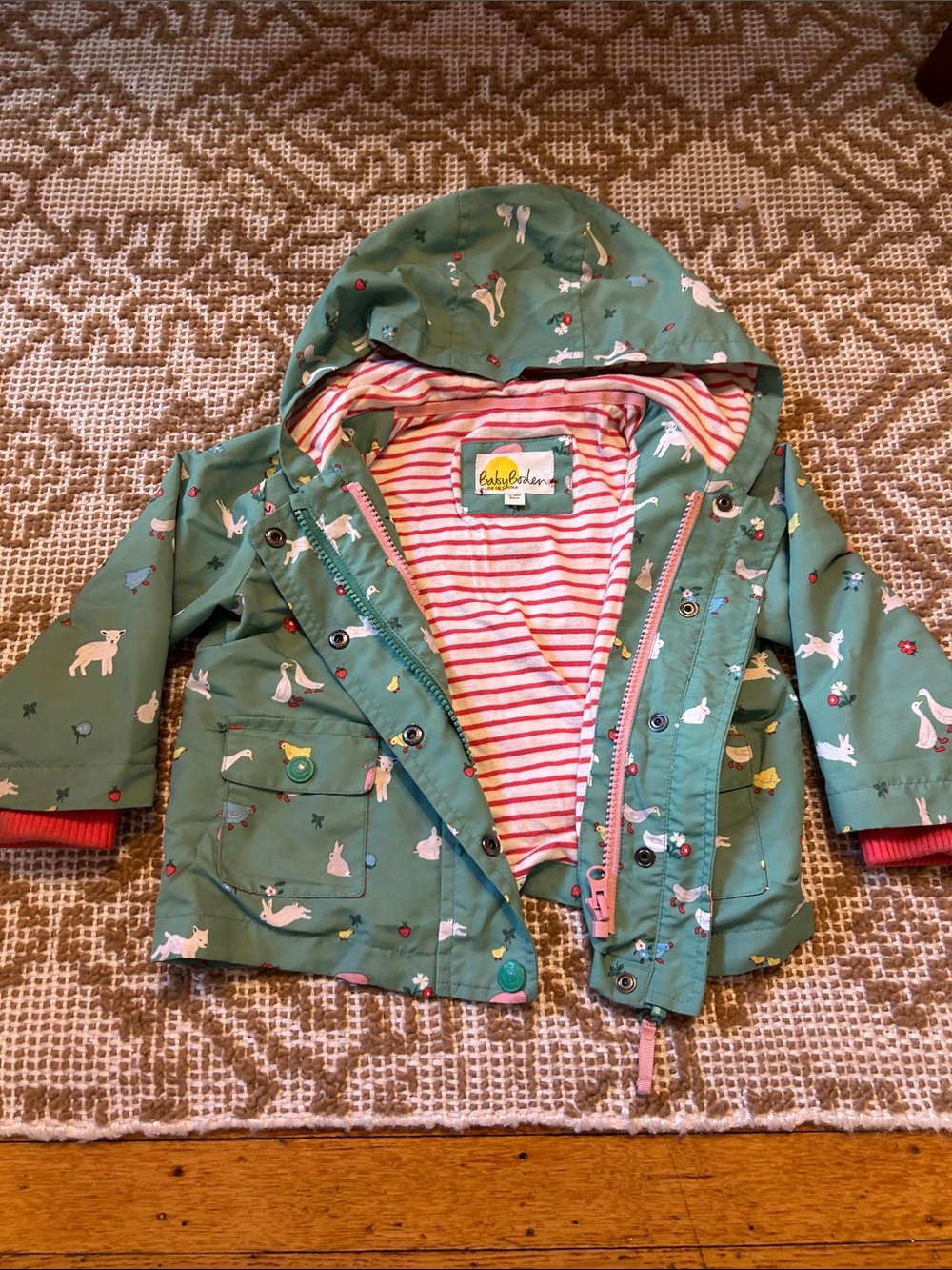 Baby Boden Green Raincoat with baby farm animals, 12-18 months - Picture 3 of 6